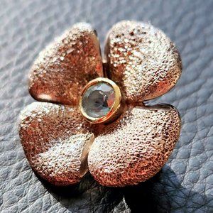 Vintage Sterling 4 Petal Flower, Aquamarine in 14K setting Brooch